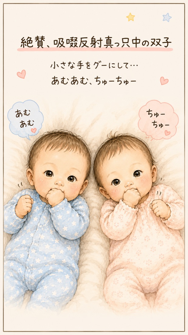 手をグーにしてあむあむしている双子のイラスト