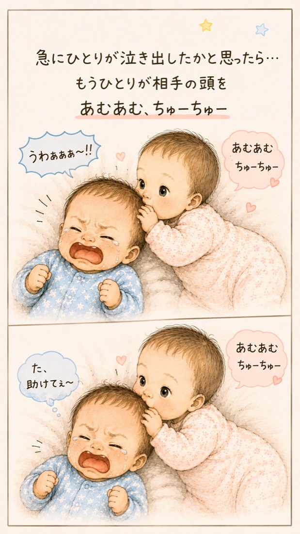 頭をあむあむされて泣いている双子のイラスト