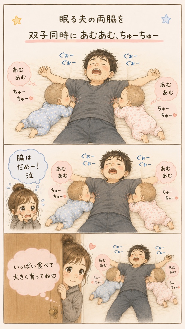 夫の両脇を同時にあむあむしている双子のイラスト