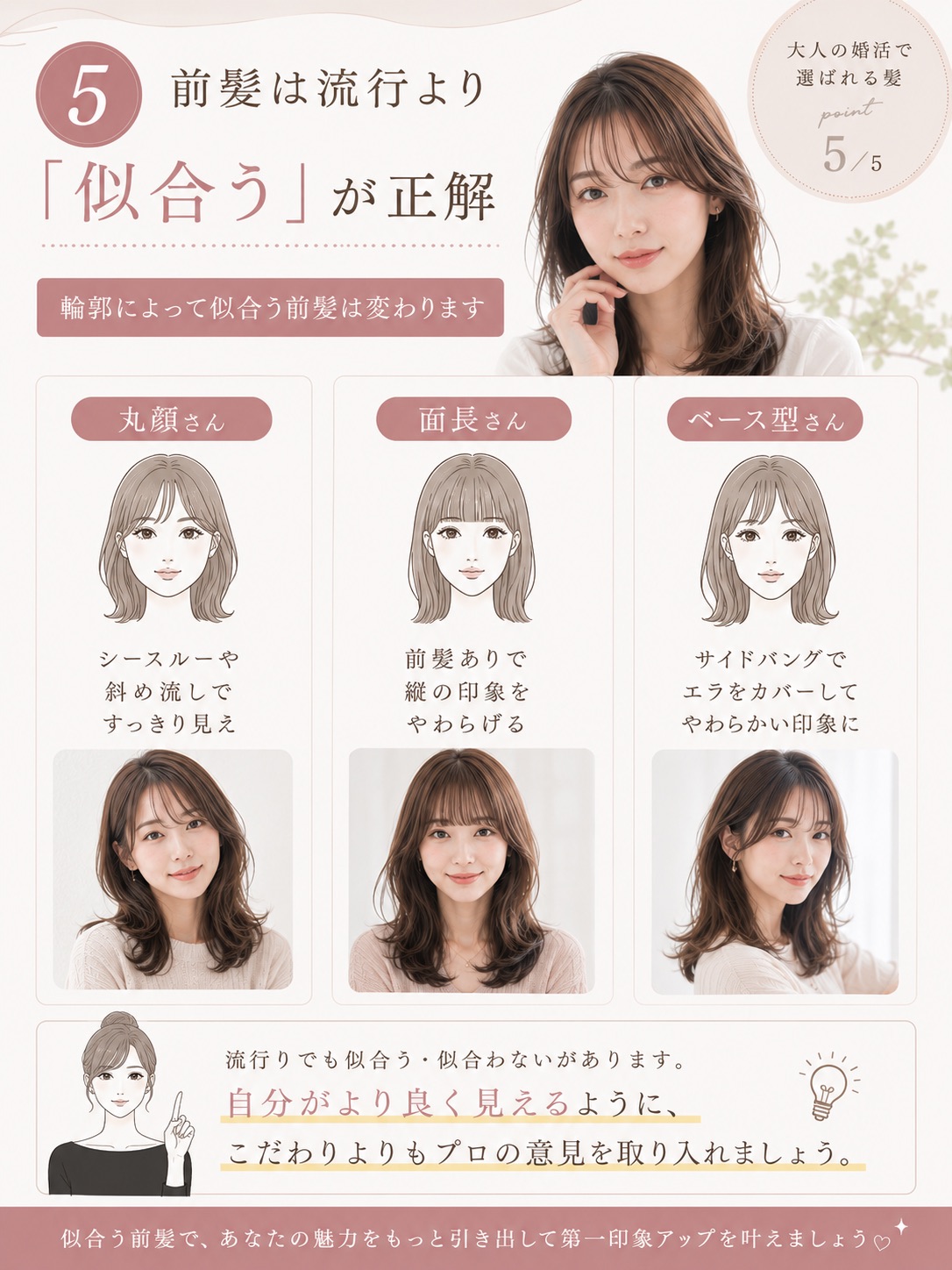 前髪は流行より似合うが正解。丸顔・面長・ベース型それぞれに似合う前髪の図解